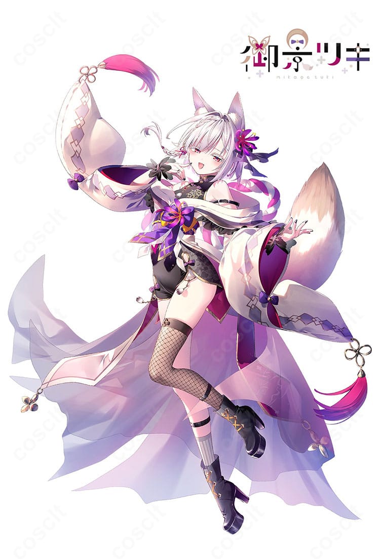 RIONECTION 御景ツキ 通常衣装のキャラクター全身イメージ。和装風シルエットと高コントラスト配色、帯と尻尾パーツのバランスが分かる商品画像。