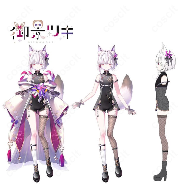 御景ツキ 通常衣装コスプレの全体装飾ディテール。しめ縄飾り付き外側和服、帯、腰ベルト、手首飾りの配置と質感を確認できる写真。