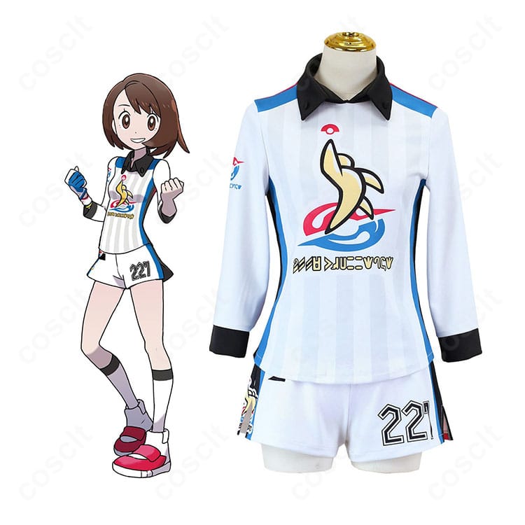 ユウリ(ポケットモンスター ソード・シールド)のジムチャレンジ・ユニフォームを着用した全身イメージ。爽やかなスポーティシルエットとトップス+ショートパンツのセット内容がわかる商品イメージ。