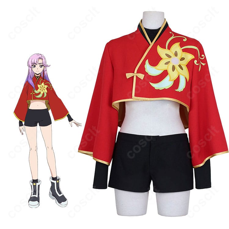 員弁ナオをイメージした赤いショートジャケット&ショートパンツのフルセット着用イメージ。鮮やかな赤と黒の高コントラスト配色が作品らしさを再現。