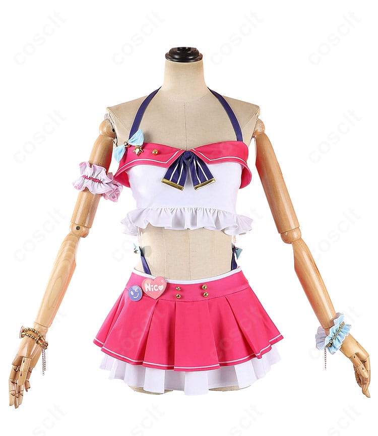 ラブライブ!矢澤にこ 水着Ver. コスプレ衣装の正面全体。ホルタートップスとキュロット、リボン装飾が映えるフルコーデ。