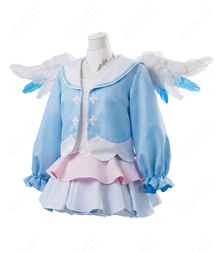 天音かなた天使コスプレ衣装の正面デザインとコート、トップス、スカートの全体像