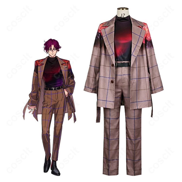 超人的シェアハウスストーリー『カリスマ』天堂天彦のコスプレ衣装を着用した全身イメージ、チェック柄ジャケットとベルトのコーディネート