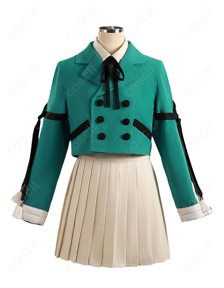 テティア 制服風コスプレ衣装の正面全体。ジャケットとリボンタイ、上品なAラインスカートの配色とシルエットが分かる商品撮影。