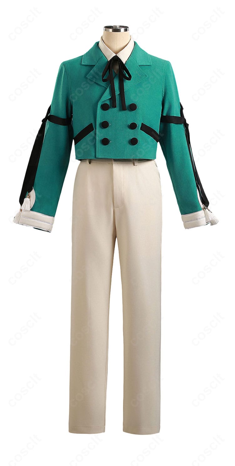 とんがり帽子のアトリエ アガット 制服風コスプレ衣装の正面全体像。ハリ感あるジャケットとストレートパンツのきれいなシルエットが分かる写真。