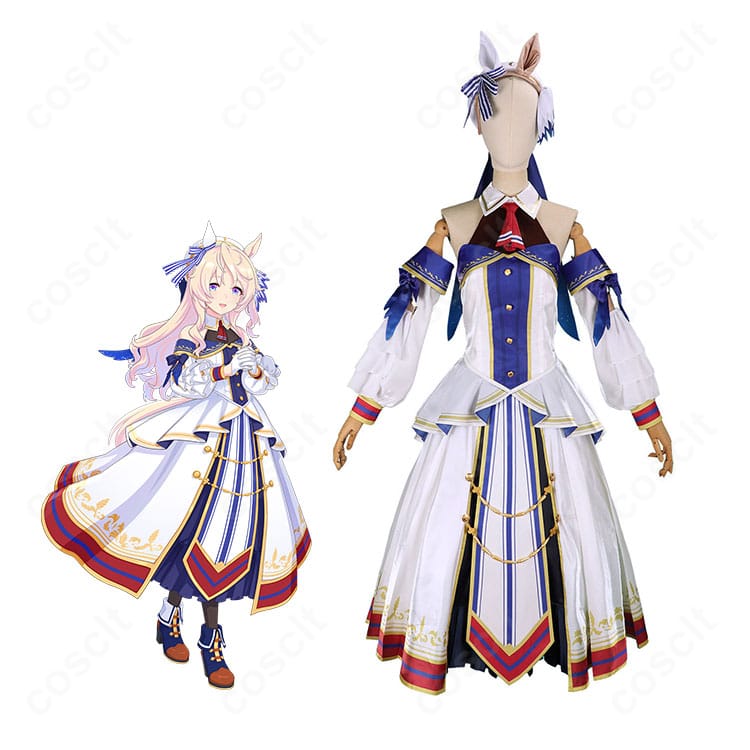 ウマ娘 プリティーダービー ヴィクトワールピサ 勝負服のコスプレ衣装を着用した全身イメージ。髪飾りと袖パーツを含むフルセットで、キャラクターの雰囲気とシルエットを高再現。