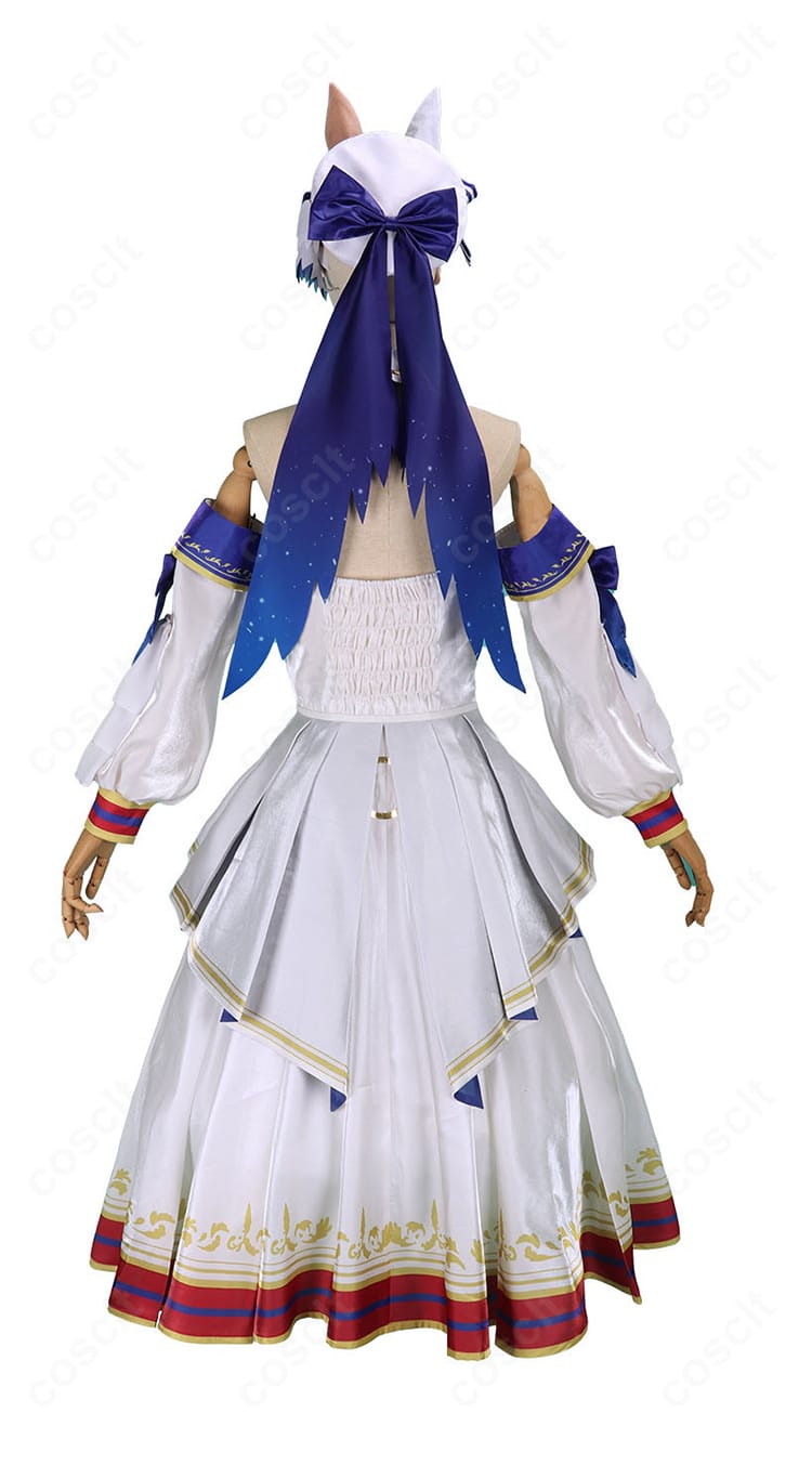 ウマ娘 ヴィクトワールピサ 勝負服コスプレ衣装の背面画像。後ろ姿のシルエットや丈感、各パーツの配置がわかる全体ビュー。動きのあるシーンでも形が崩れにくい設計。