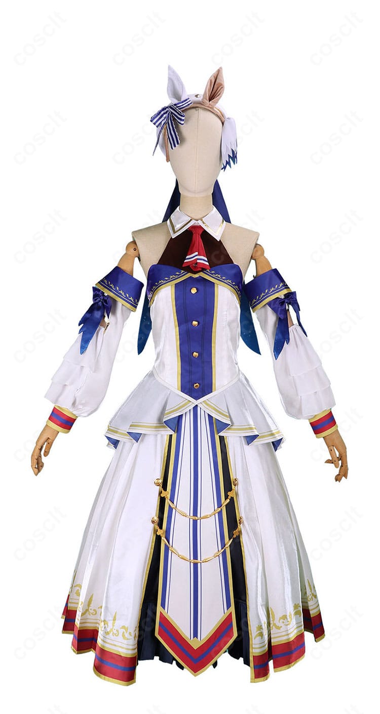 ウマ娘 ヴィクトワールピサ 勝負服コスプレ衣装の正面画像。ハリ感のある生地でスカートラインが美しく、撮影映えするバランスの取れたシルエットが確認できます。
