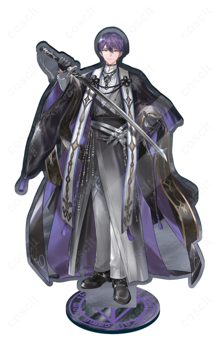商品キャラクター人物画像|にじさんじ 剣持刀也『虚空狂宴』コスプレ衣装の全身イメージ。ダークな高コントラスト配色とハリのあるシルエットで、クールかつゴージャスなステージ感を再現。