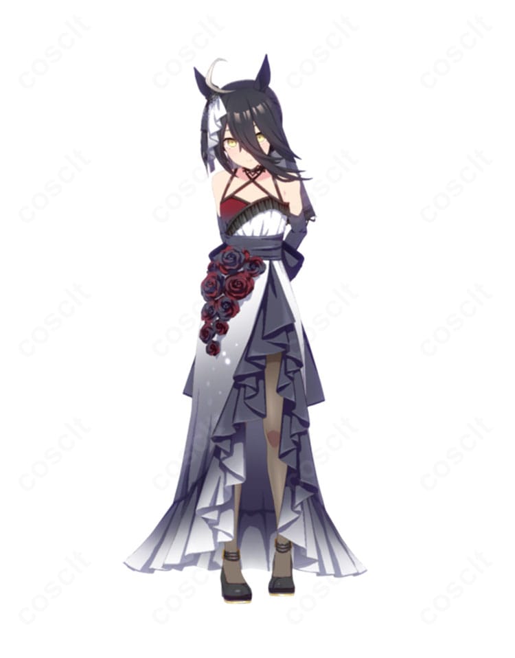 ウマ娘 プリティーダービー マンハッタンカフェ 幽玄薔薇 花嫁衣装 勝負服の全身イメージ。高コントラスト配色とゴシックな装飾が映えるコスプレ衣装を着用したキャラクター風スタイル。