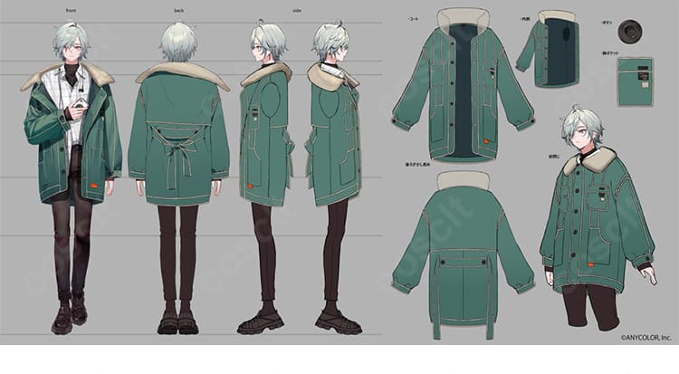 レヨン デフォルト衣装のグリーンアウター装飾ディテール。フロント開閉部や縁取り、ステッチの仕上げを強調した近接写真。