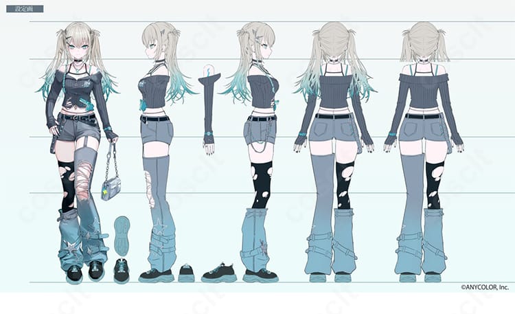 COSCLT にじさんじ デフォルト衣装風 ゲーマーギャル系コスプレ衣装の全体装飾ディテール。高発色の配色、薄手で通気性のよい生地、美シルエットを示す縫製アップ。