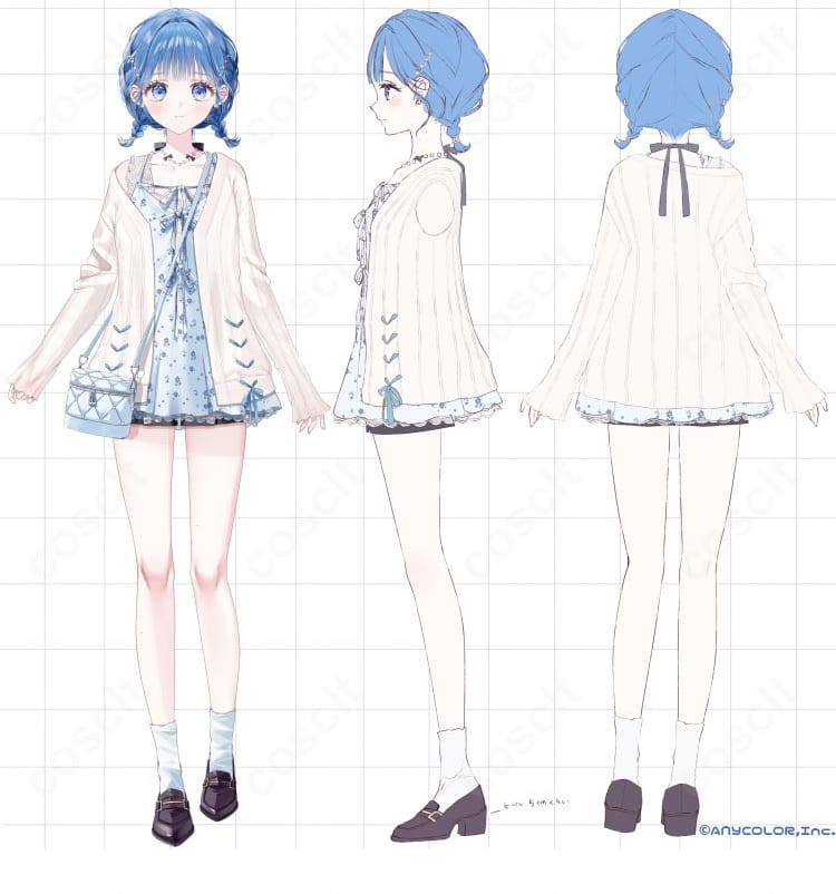商品衣装・キャラクター全身イメージ：にじさんじ 小々波いるかのデフォルト衣装を再現したコスプレ一式。落ち着いた色味と爽やかなシルエット、通気性の良い薄手生地が特徴。