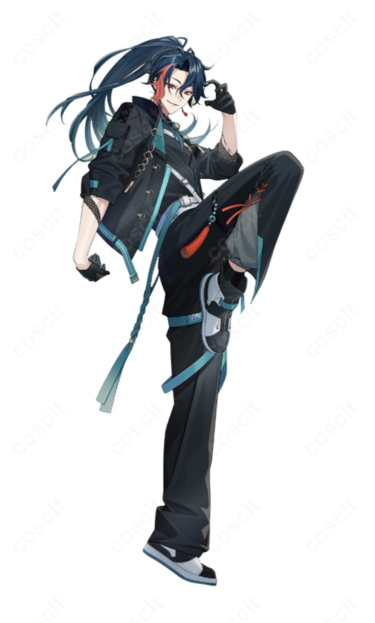 にじさんじ 魁星の1st LIVE “One-Off”グッズ衣装一式を着用した全身イメージ。ハリ感のあるシルエットとサイバー系装飾、小物の確実固定が分かるカット。撮影映えするクールなステージ衣装。