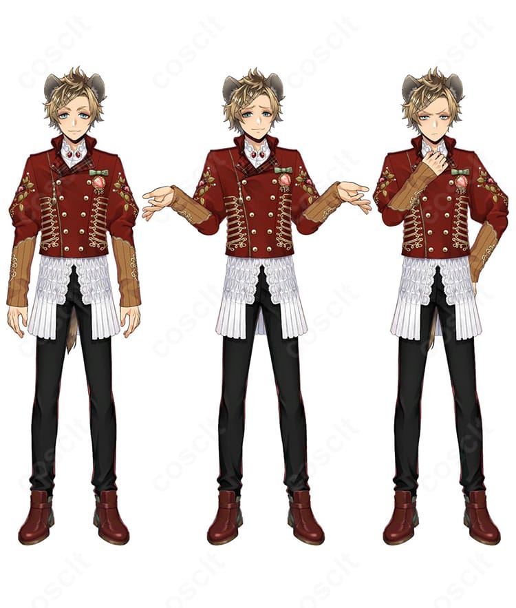ツイステ ラギー・ブッチ『ラ・ボンボニエール』コスプレ衣装の正面全体図。ハリ感のある生地で美しいシルエットを強調し、装飾はしっかり固定された高再現モデル。