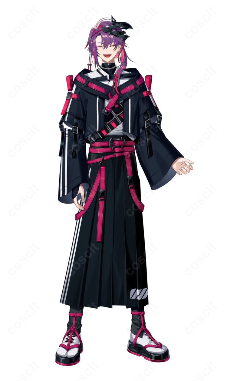 にじさんじ 渡会雲雀 和装新衣装のコスプレ衣装を着用した商品キャラクター画像。黒×マゼンタのサイバー配色と和装シルエット、固定パーツの配置が分かる全身ビジュアル。