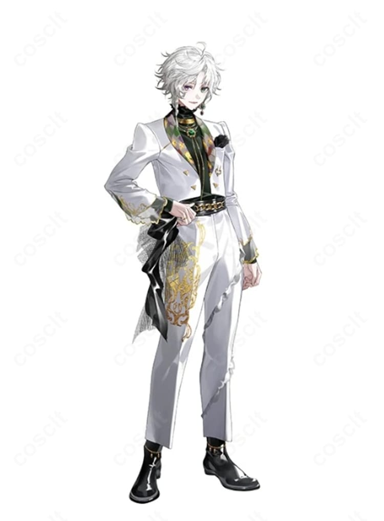 叢雲カゲツ Dytica 3rd Anniversary 記念ビジュアルの白×グリーン衣装を着用した全身イメージ。ハリ感のある生地とサイバーな装飾で、ステージ映えするクールなコスチューム(COSCLT製、オーダーメイド対応)。
