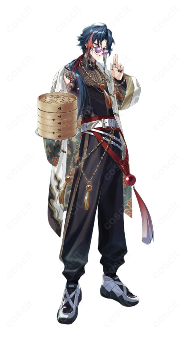 にじさんじ 魁星 3SKM 2nd Anniversaryの中華風コスプレ衣装を着用した全身イメージ。高コントラスト配色と直線的な装飾、広がる袖と美しいシルエットが分かる商品画像。