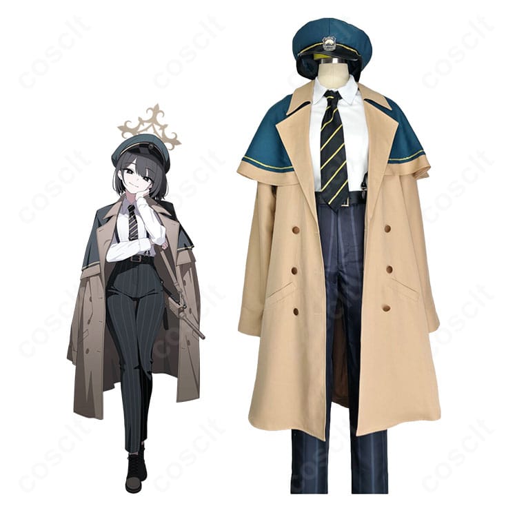 ブルーアーカイブ ヒロミのコスプレ一式を着用したイメージ。ハリ感あるスーツコートとネクタイ、帽子を含むセットで端正なシルエットを再現。
