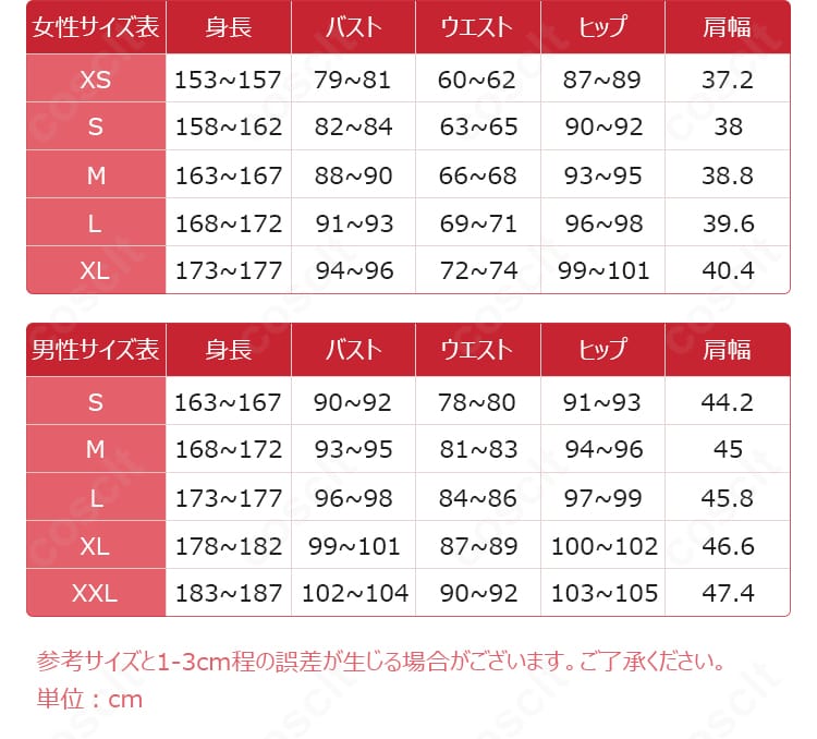 ソウエイ コスプレ衣装のサイズ表・採寸ガイド。S~XXLとオーダーメイド対応、各部位の測り方を示した説明画像。