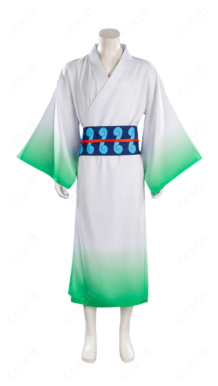 リューマ コスプレ衣装の正面。白を基調にグリーンを配した和服と帯の全体デザイン