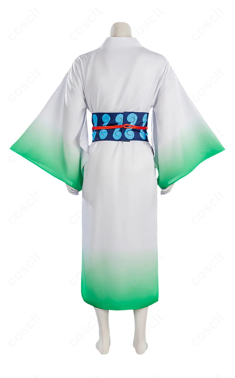 リューマ コスプレ衣装の背面。白×グリーン和服の後ろ姿と帯のバランスを確認できる画像