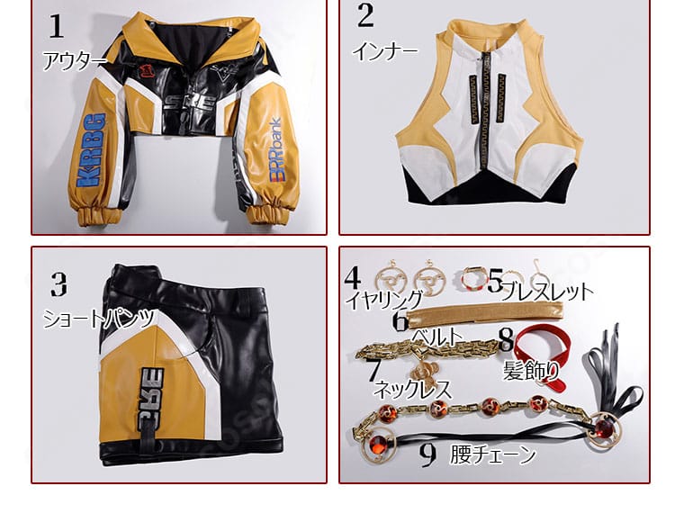 セット内容一式の展示画像。アウター、インナー、ショートパンツ、アクセ小物を並べて紹介。