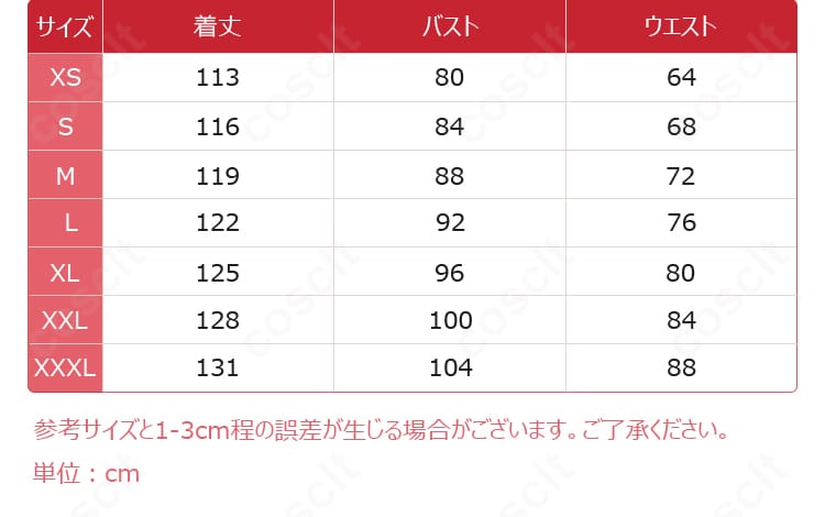 サイズガイド画像。ティーネ・チェルク コスプレ衣装のXS〜XXXLまでの採寸部位と仕上がり寸法の見方を説明する図。