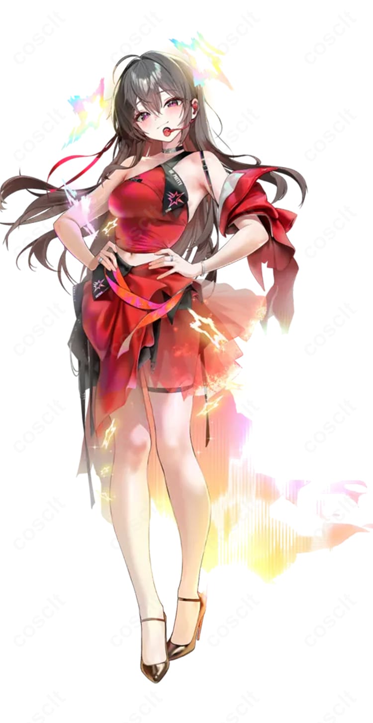 商品服装角色人物图像：勝利の女神：NIKKE PRETTY STAR アイドル風コスプレ衣装一式のフロント全身イメージ。トップス・スカート・ジャケット風腕飾りの3点セット、ハイコントラスト配色とセクシーで上品なシルエットが映えるデザイン。