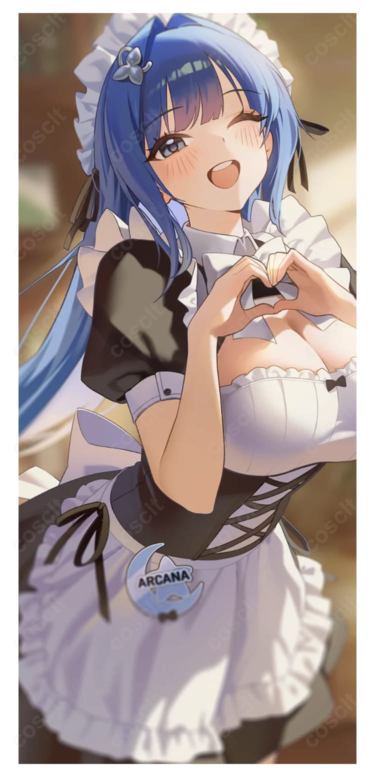 勝利の女神：NIKKE アルカナ メイド服コスプレ一式の着用イメージ。上品なAラインのワンピースにエプロンとヘッドピースを合わせ、通気性の良い薄手素材と細部の縁取りが映える高再現モデル。