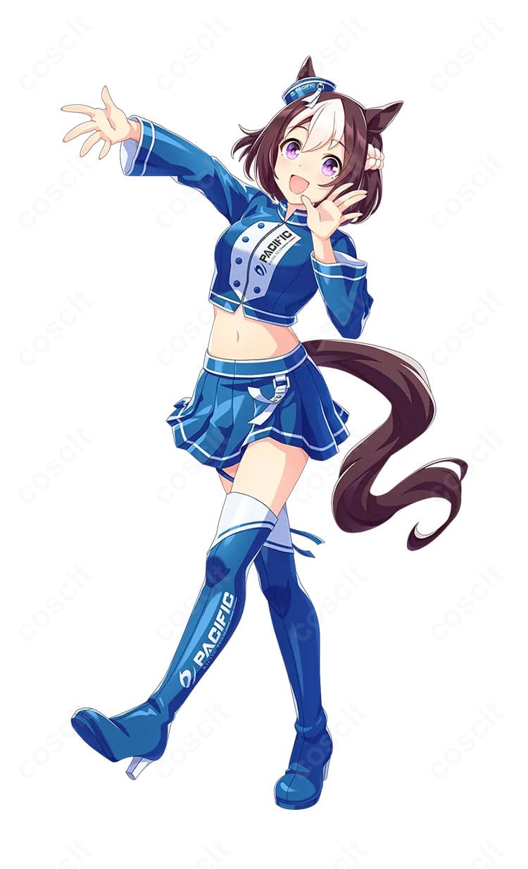 ウマ娘 プリティーダービー PACIFIC RACING TEAM レースアンバサダーVer. コスプレ衣装の着用イメージ全身。ジャケットとスカート、高コントラスト配色、耳飾り（帽子）・太もも飾り・ニーハイを含むフルコーデ。