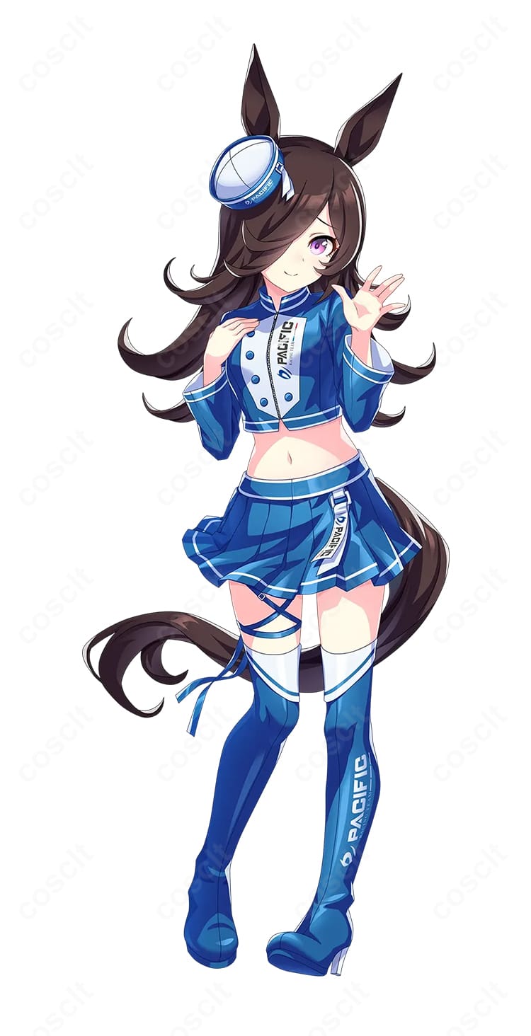 ウマ娘 プリティーダービー PACIFIC レースアンバサダーVer. コスプレ衣装の左側ディテール。ジャケットのパネル切替、スカートのドレープ、ニーハイのフィット感が確認できる画像。