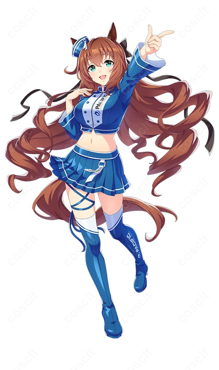 ウマ娘 プリティーダービー PACIFIC レースアンバサダーVer. コスプレ衣装の右側ディテール。袖口のトリム、ウエストライン、太もも飾りの質感と縫製を強調。