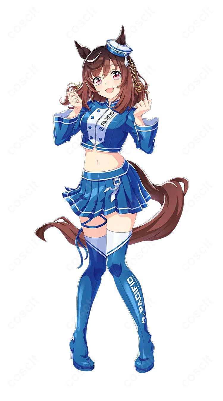 ウマ娘 プリティーダービー PACIFIC レースアンバサダーVer. コスプレ衣装の正面全体。ジャケットのライン取りとスカートのシルエット、配色トリムの再現度が分かる商品画像。