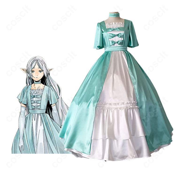 フリーレン ドレスVer.の着用イメージ。ミントグリーンのロングドレスと付属パニエで上品に再現。キャラクターの静かな雰囲気を表現。