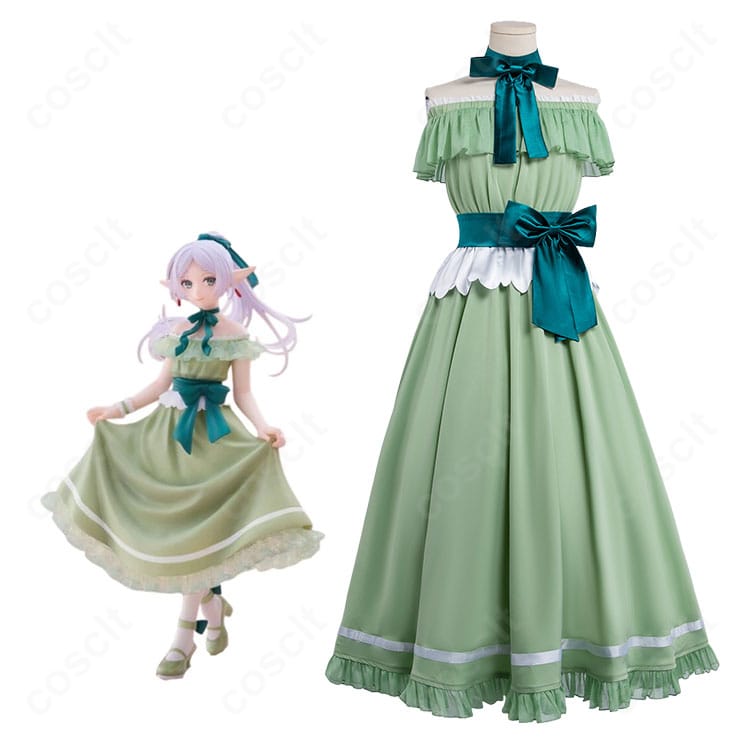 葬送のフリーレン フリーレン ドレスver.のキャラクター着用イメージ。落ち着いたグリーンのロングドレスにネックリボンとウエストベルト、エルフ耳まで再現。上品で爽やかな雰囲気。