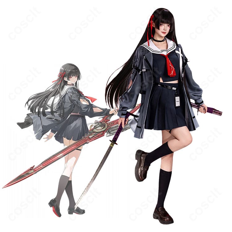 朽葉千咲の制服コスプレ一式を着用した全身イメージ。ジャケットとスカートの配色、チョーカーとリボンタイの配置まで高再現。
