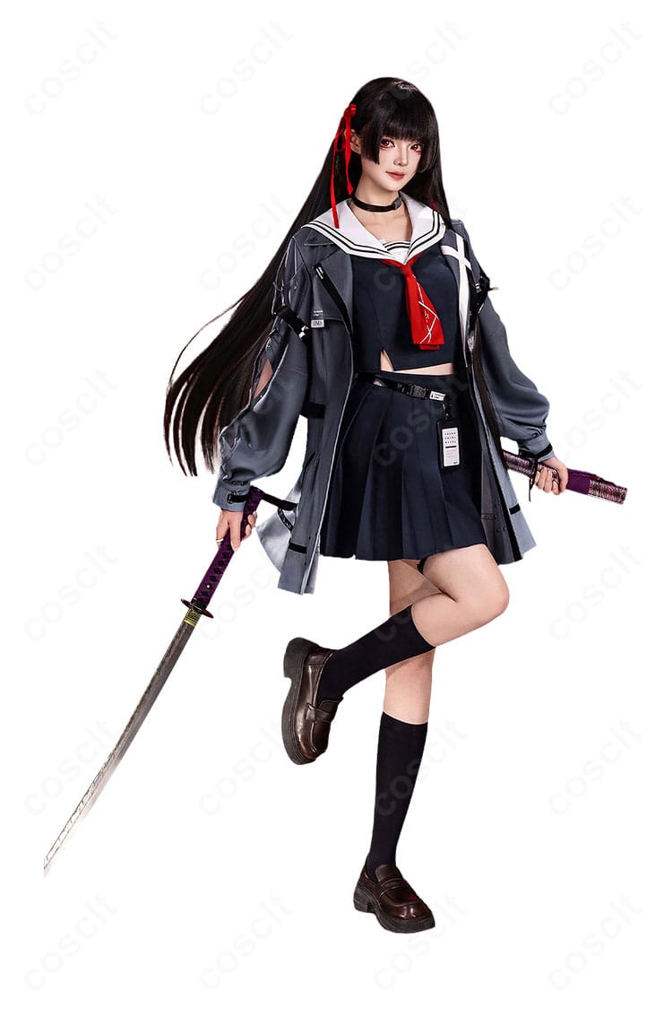朽葉千咲 制服コスプレの正面全景。ジャケットのライン取りと胸元リボン、スカートのフレアが分かるディテール。