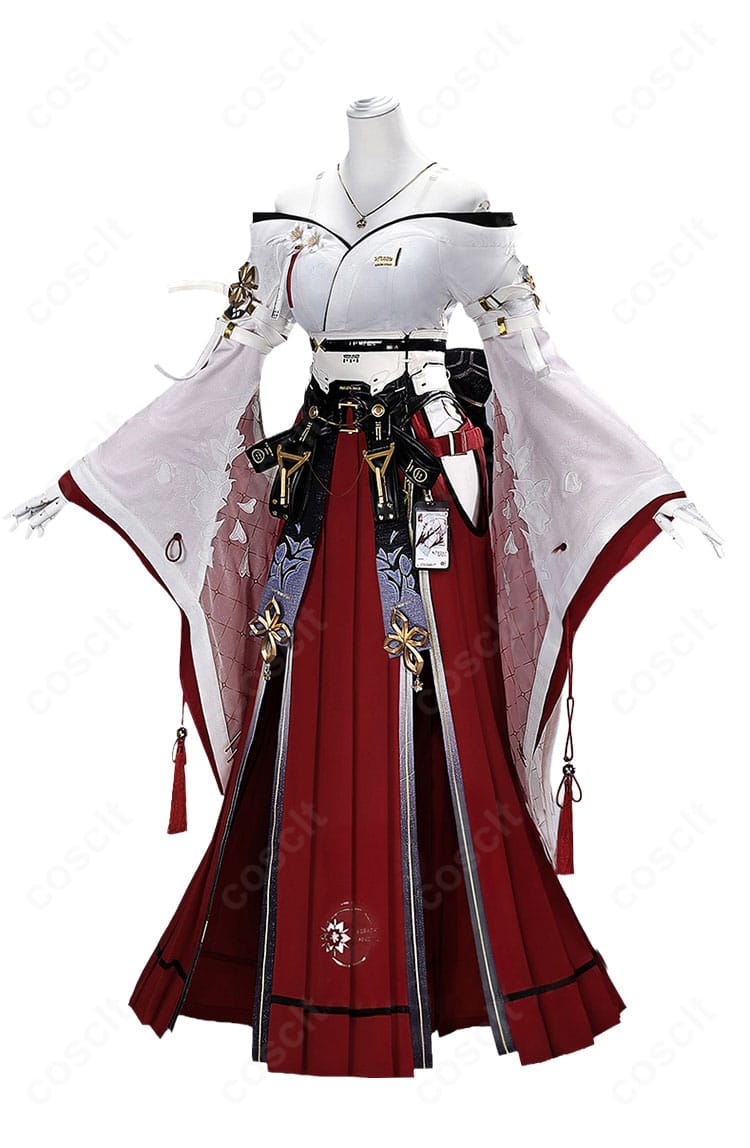 鳴潮 緋雪 巫女服コスプレ衣装の正面全身。赤白基調のトップスとスカート、胸元飾りを確認可能