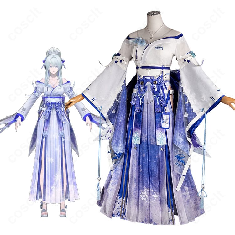 鳴潮 緋雪 2nd Formのキャラクターイメージと衣装全体図。高コントラスト配色と背面リボン、コルセットベルトのデザインを確認可能。