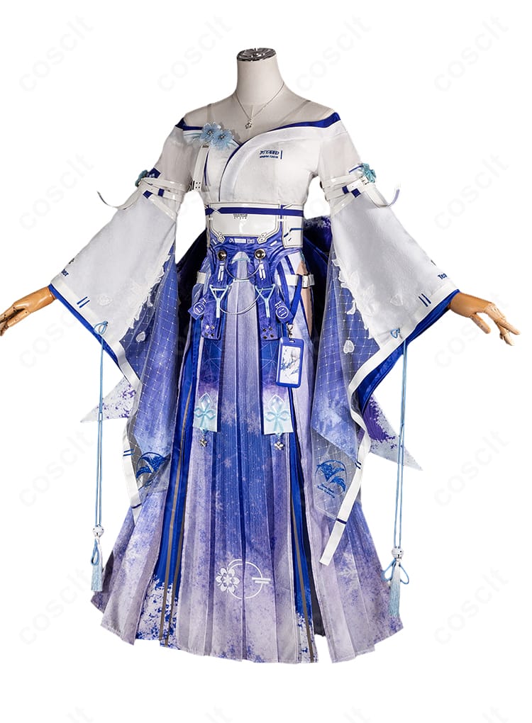 鳴潮 緋雪 2nd Form コスプレ衣装の正面全体図。襟元のレタリングとシルエットのバランスが分かるカット。