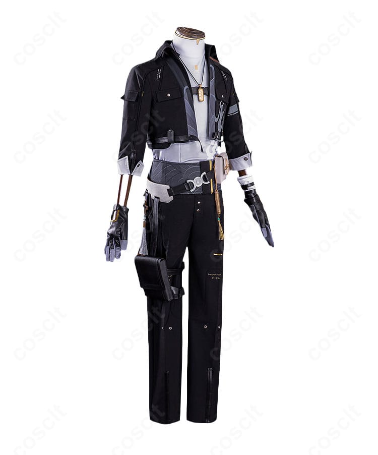 『鳴潮』男漂泊者コスプレ衣装の右側ディテール、ジャケットとレッグポーチの立体的な構成