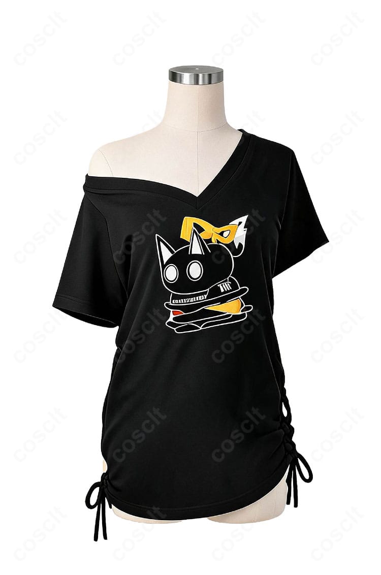 白上フブキ 新衣装・部屋着Tシャツ コスプレ衣装の正面デザイン、黒Vネックとフロントプリント