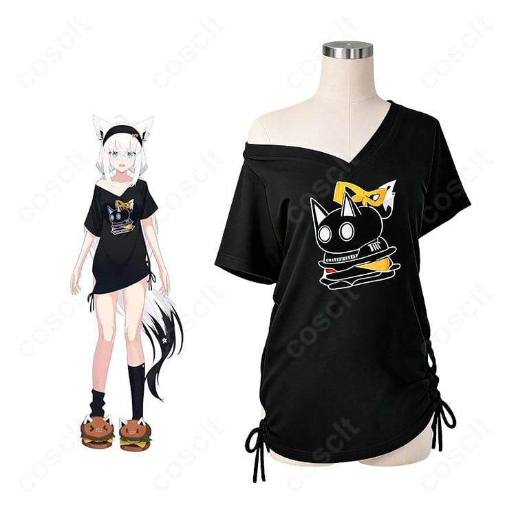 hololive 白上フブキの新衣装・部屋着Tシャツを着用したキャラクターイメージと衣装全体