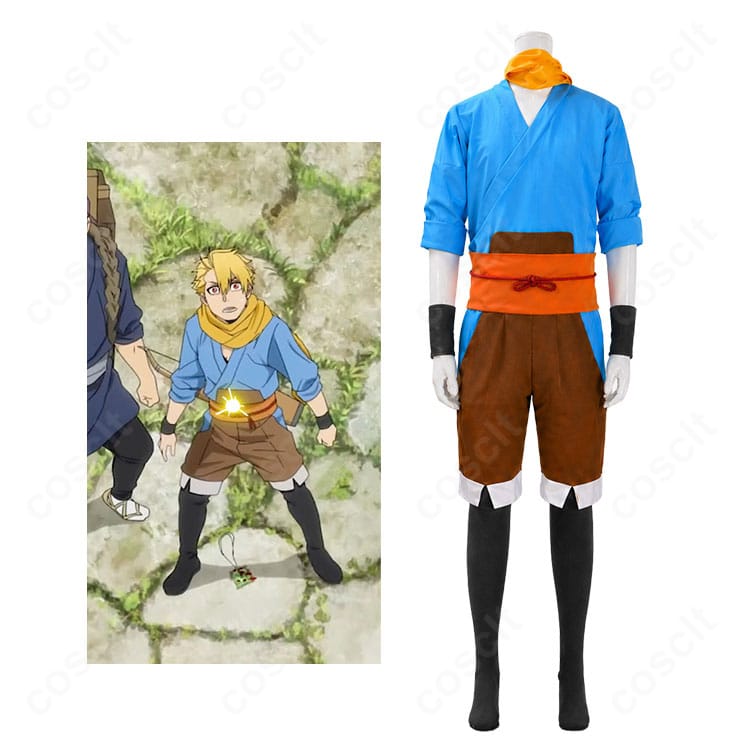 『黄泉のツガイ』ユルのコスプレ衣装を着用したキャラクター全身イメージ。青い上着と黄色マフラーが映える和装風スタイル