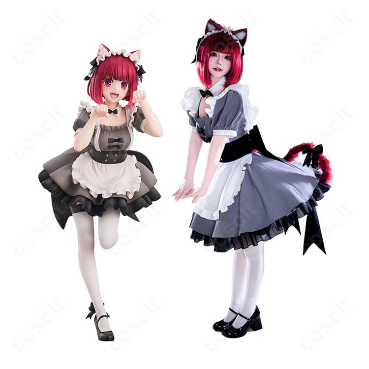 【推しの子】有馬かな 猫メイドver.コスプレ衣装の全身イメージ。猫耳カチューシャ、エプロン、尻尾を合わせたコーディネート