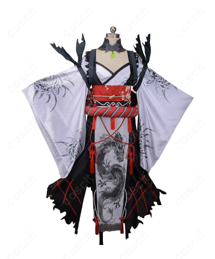 Fate/Samurai Remnant 宮本武蔵 バーサーカー コスプレ衣装の正面デザインと高コントラスト配色