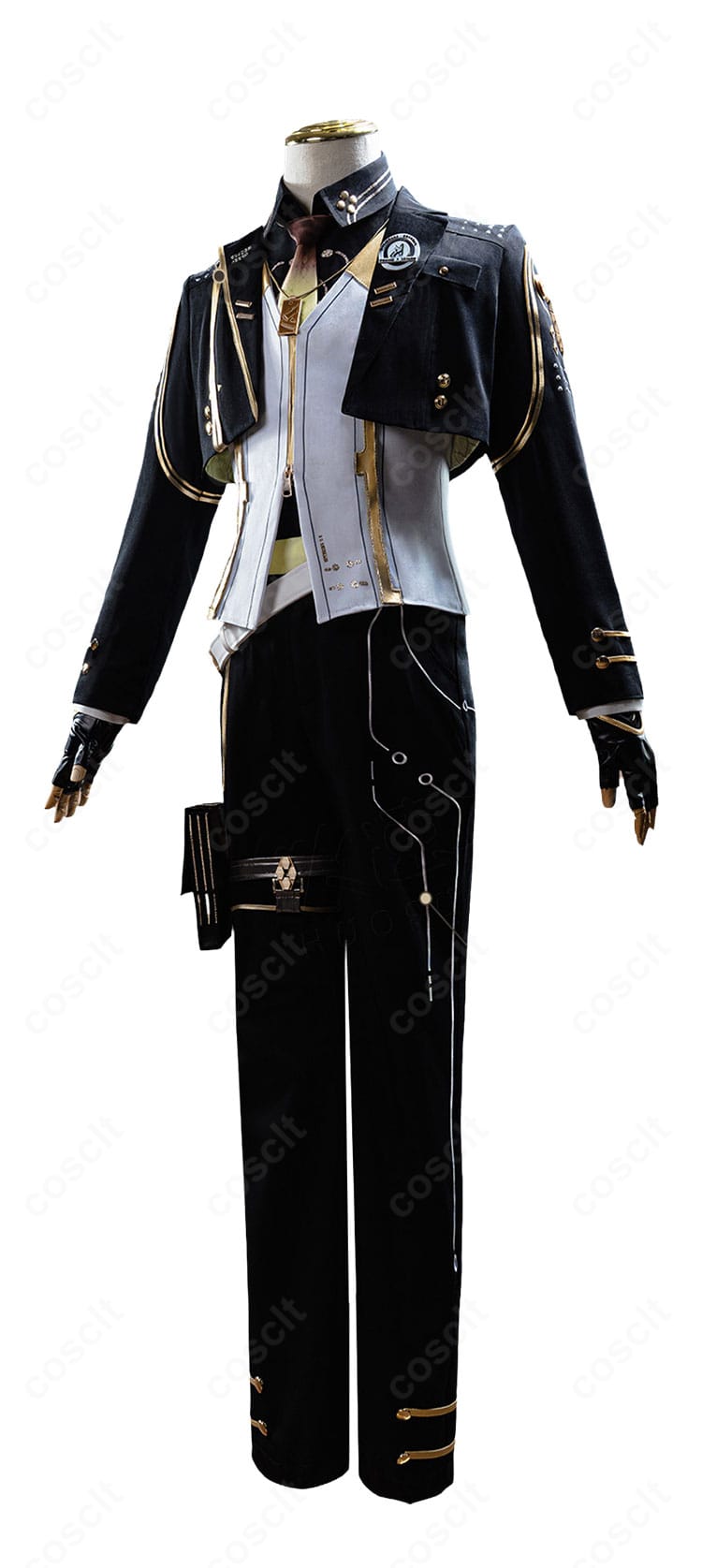 『鳴潮』漂泊者(男性)コスプレ衣装の正面図。コート、ベスト、ネクタイ、胸飾りのレイヤードを確認できる画像
