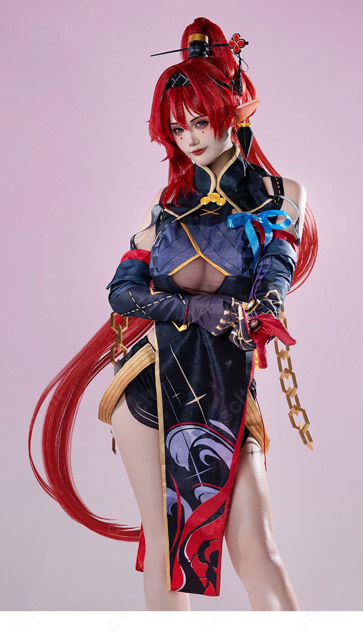 『鳴潮』吟霖コスプレ衣装を着用した正面ディテール、袖カバーと手袋を含むレイヤードスタイル