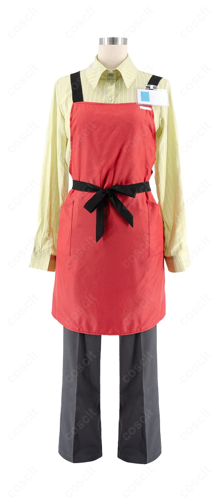 山田 スーパーS店員制服コスプレ衣装の正面。シャツ、エプロン、名札、頭巾を組み合わせた爽やかな作業服スタイル